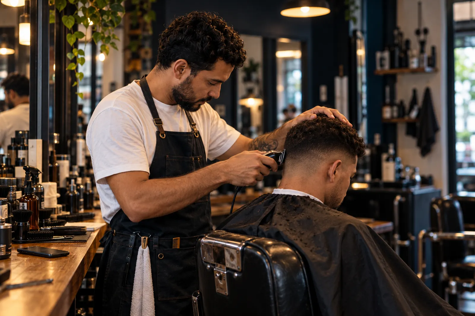 Cliente sentado na cadeira da barbearia, com café e jornal, esperando o horário
