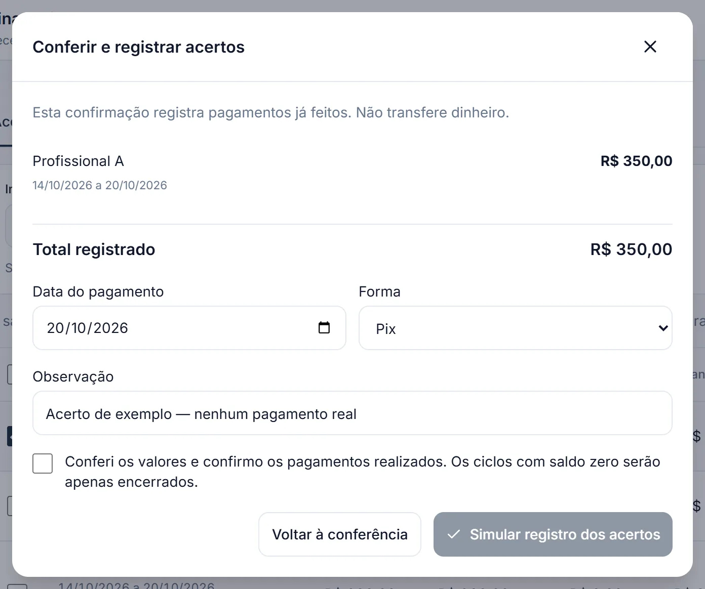 Janela de registrar o acerto da comissão no Hei Barber, com data, forma de pagamento e o aviso de que não transfere dinheiro