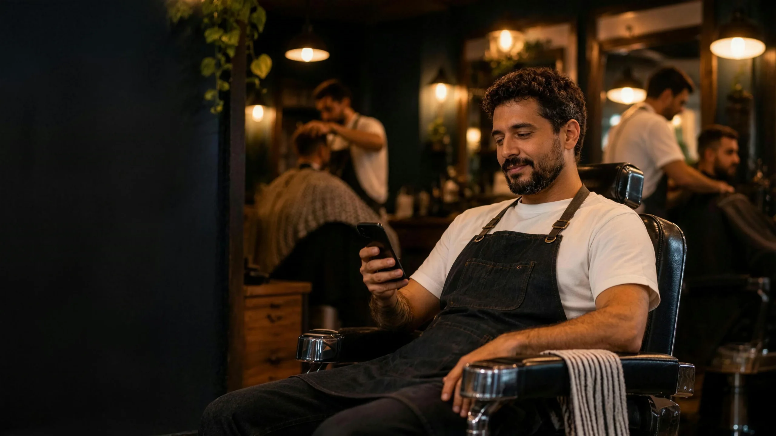 Dono de barbearia tranquilo na cadeira, olhando o celular, com a equipe cortando ao fundo